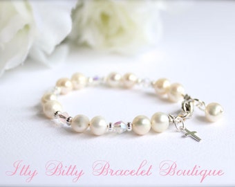 Real Pearls Sterling Cross Baptism Gift Cultured Freshwater Pearls, Keepsake Bracelet, Christening, Communion