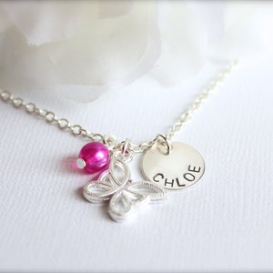 Butterfly Charm Necklace for Girls, Sterling Silver Hand Stamped Name Charm