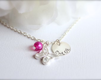 Butterfly Charm Necklace for Girls, Sterling Silver Hand Stamped Name Charm