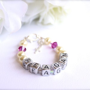 Nombre personalizado pulsera de bautismo regalo piedras de nacimiento pulsera de bautizo joyería de bendición del bebé, bloques de letras de nombre cruz de plata esterlina
