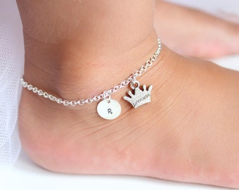 Anklet for Girl's, Little Princess Anklet, Sterling Silver Initial Personalized Charm, Princess Charm, Child, Toddler, Crown, Tiara