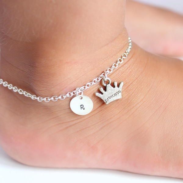 Anklet for Girl's, Little Princess Anklet, Sterling Silver Initial Personalized Charm, Princess Charm, Child, Toddler, Crown, Tiara
