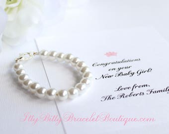 BABY GIRL Pearl Bracelet, New Baby Gift, Keepsake Pearls, 1st Pearls, Birthday, Baby Shower Gift, Photo Prop Pearls
