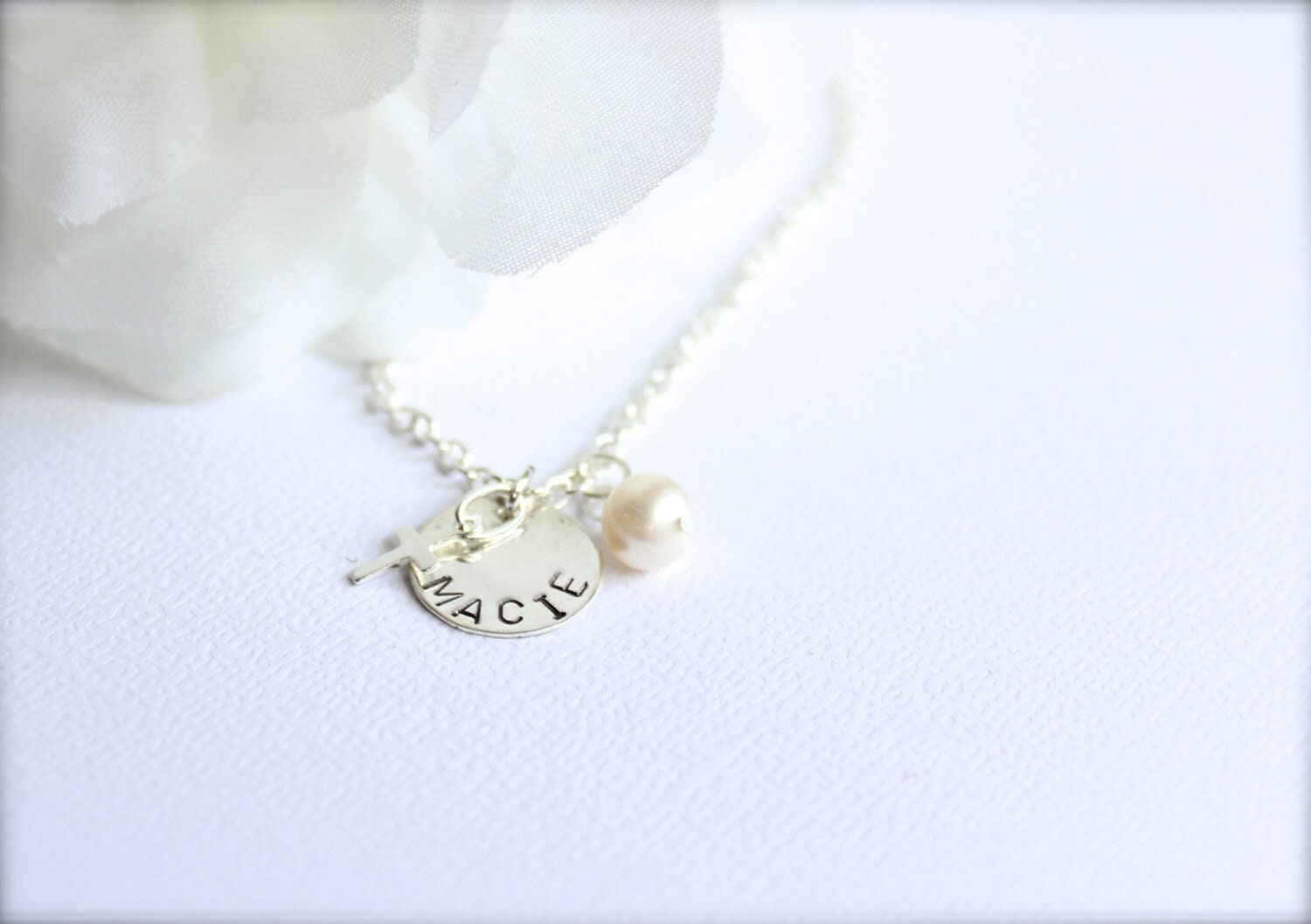 Sterling Silver Name Necklace Sterling Silver Cross and Real Pearl