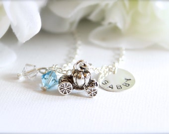 Sterling Silver Personalized Girls Princess Necklace, Silver Pumpkin Coach Princess Carriage Charm Blue Clear Crystal