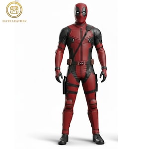 May include: A red and black Deadpool costume. The outfit has a red bodysuit with black detailing on the shoulders, arms, and legs. The mask has white eye coverings. The costume includes a belt, pouches, and black gloves.