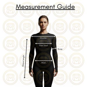 May include: A measurement guide with a woman in a black bodysuit, illustrating body measurements. The guide labels shoulder, chest (bust), bicep, waist, and sleeve length. The text "Measurement Guide" is at the top.