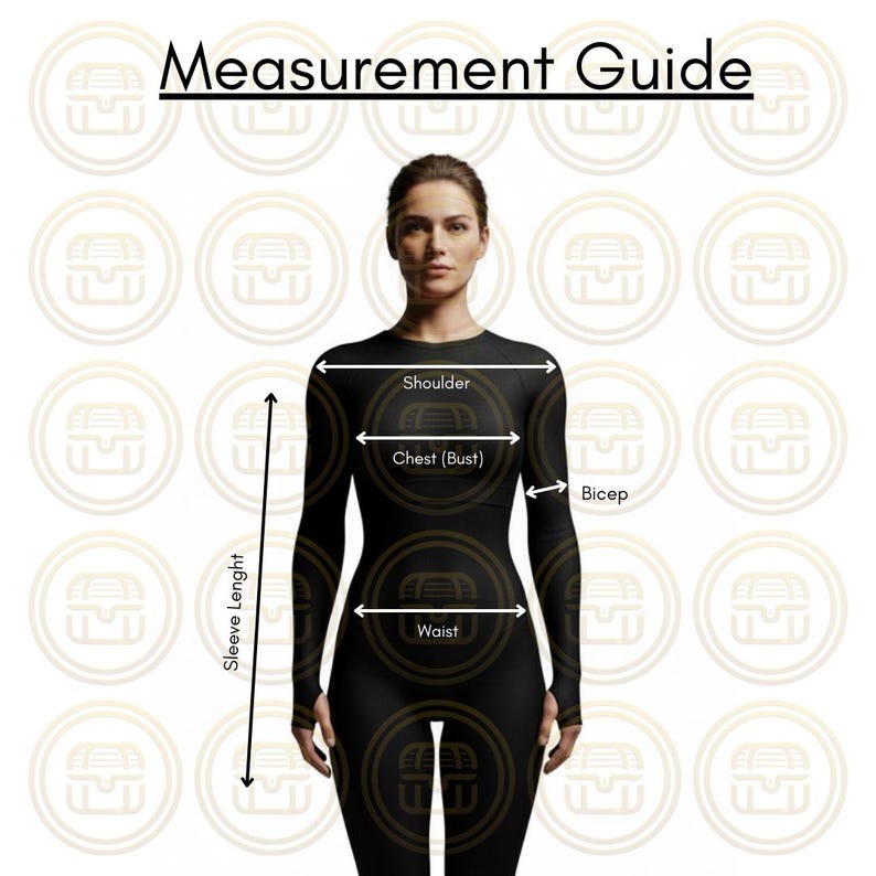 May include: A measurement guide with a woman in a black bodysuit, illustrating body measurements. The guide labels shoulder, chest (bust), bicep, waist, and sleeve length. The text "Measurement Guide" is at the top.