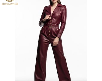Custom Women's Leather Jumpsuit : Burgundy Belted Romper | Gold Button Notch Lapel Suit