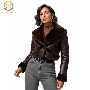 Women's Leather Crop Shearling Jacket : Genuine Leather Coat | Aviator Coat | Winter Outerwear - Gift for Her