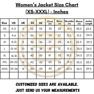 May include: A jacket size chart for women, with sizes ranging from XS to XXXL. The chart includes measurements in inches for chest, waist, shoulder, sleeve, and jacket length. Text at the bottom states that customized sizes are available.