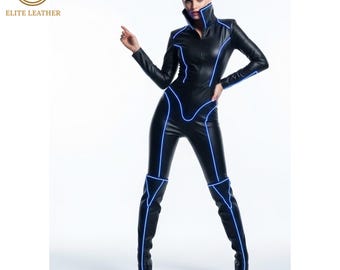 Women's Leather Jumpsuit : Onyx Jet Light Up Garment | Contemporary Chic Futuristic Electric Wired Outfits