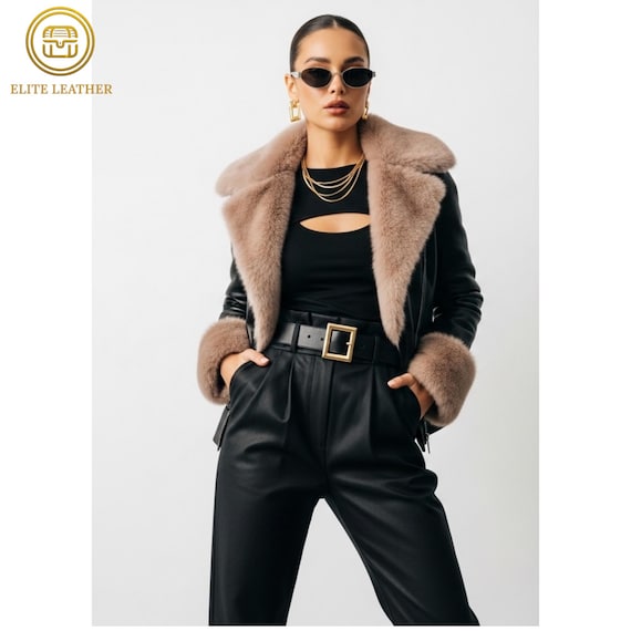Women's Genuine Leather Shearling Jacket : Fur Collar | B3 Aviator Coat | Winter Outerwear - Gift for Her