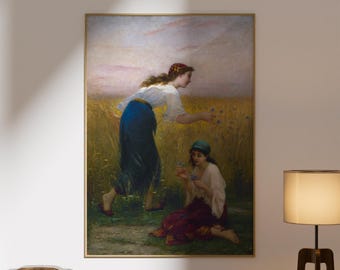Vintage art poster, woman in a field of flowers, romantic vintage art poster, reproduction of “Les Bleuets” by Charles Landelle