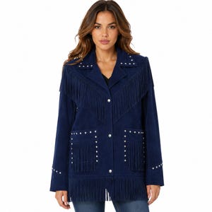 May include: A deep blue jacket featuring long fringe detailing across the chest, pockets, and hem. The garment is accented with silver-toned metal studs along the collar, front pockets, and sleeves, and includes a central button-down closure.