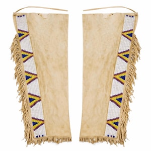 Chaparreras de gamuza con cuentas estilo nativo americano, leggings de cuero con flecos, ropa de festival occidental, hechos a mano, tradicionales.