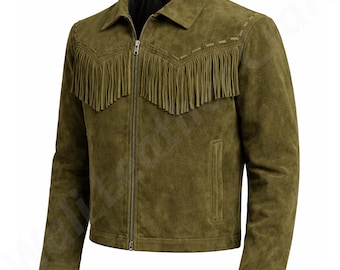 Olijfgroene suède jas heren western cowboy leren jas vintage stijl