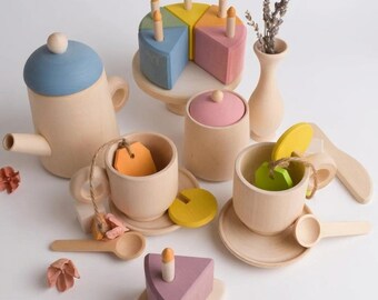 Montessori Wooden Tea Set with Cake and Candles Pretend Play Toys for Toddlers