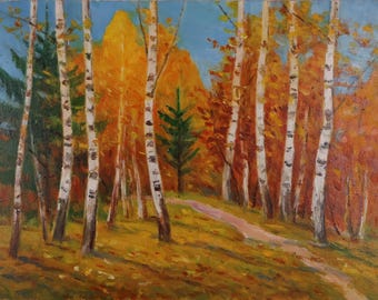 Birch Grove Landscape: Original Vintage Oil Painting on canvas