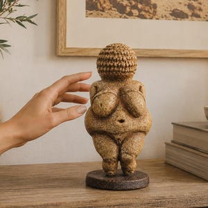Peut inclure: Une figurine texturée de couleur beige représentant la Vénus de Willendorf, avec une forme humaine arrondie et stylisée et une coiffe détaillée à motifs. La sculpture repose sur une base circulaire brun foncé et a un aspect pierreux granuleux.