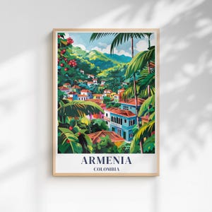 Stampa di viaggio Armenia Colombia / Regione del caffè, città colombiana, poster da parete, ciliegie di caffè e colline andine del Sud America