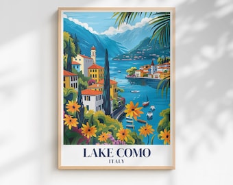 イタリア、コモ湖の旅行プリント｜ヴィラ、木々、山々の景色が描かれたカラフルなイタリアの湖畔の壁掛けアートポスター
