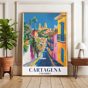 Cartagena Colombia Travel Print | Colorful Caribbean Wall Art Poster with Colombian Cathedral & Colonial Buildings, South America