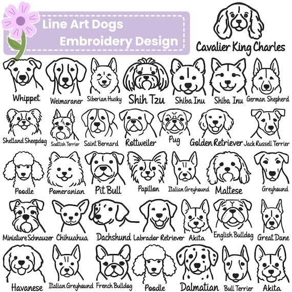 Line Art Dog Breed Embroidery Design Bundle, Minimal Dog Face Outline Machine Embroidery Files dst pes jef vp3 sew xxx hus 4x4 5x7 7x7