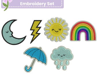 Weather Embroidery Design Bundle, Sun Rainbow Cloud Rain Lightning Moon Umbrella Embroidery Files, Cute Weather Icons Machine DST PES JEF