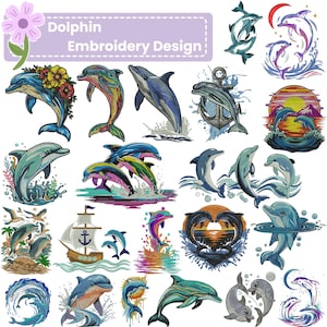Paquete de diseños de bordado de delfines, archivos de bordado de vida marina, diseños de bordado a máquina de animales marinos tropicales para camisas, bolsos y chaquetas.