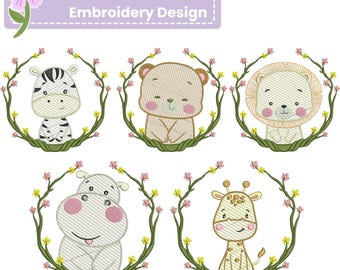 Adorable Safari Animal Embroidery Designs – Zebra, Bear, Lion, Giraffe & Hippo Machine Embroidery Files in DST, VP3, PES – 4", 5", 7" Sizes