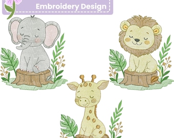 Safari Animal Embroidery Design Set – Cute Elephant, Lion & Giraffe on Tree Stumps Machine Embroidery Files in DST, VP3, PES – 4", 5", 7"