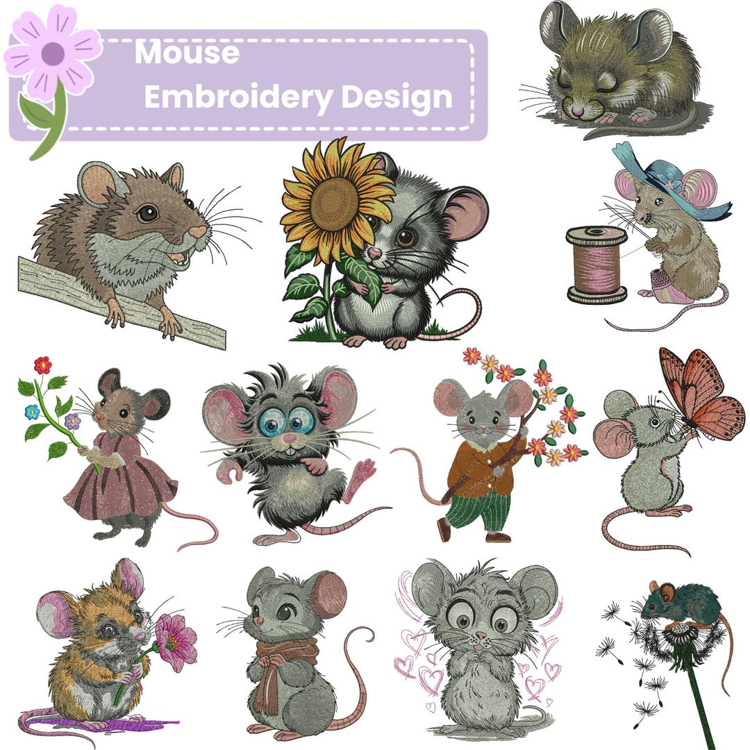 Mouse Embroidery Design Bundle, Cute Mouse Machine Embroidery Files ...