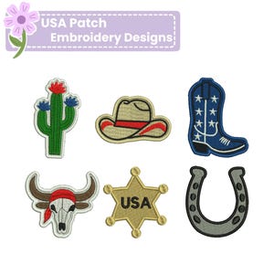 Paquete de diseños de bordado de parches de rodeo de EE. UU., sombrero de vaquero occidental, bota, cactus, sheriff, estrella, herradura, calavera de toro, archivos de bordado a máquina