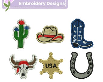 USA Rodeo Patch Embroidery Design Bundle, Western Cowboy Hat Boot Cactus Sheriff Star Horseshoe Bull Skull Machine Embroidery Files
