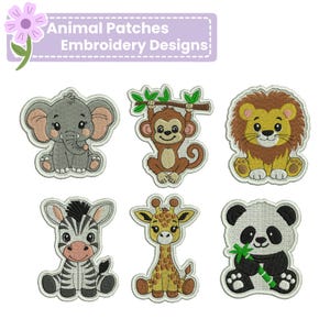 May include: Embroidered animal patches featuring a gray elephant, brown monkey, yellow lion, zebra, giraffe, and panda bear. The patches are outlined in white and have a cartoon style. The text "Animal Patches Embroidery Designs" is at the top.