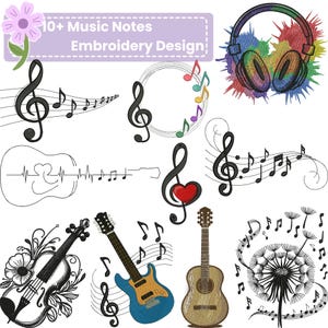 Puede incluir: Una colección de diseños de bordado con temática musical. La imagen presenta una variedad de elementos musicales, incluyendo claves de sol, notas musicales, guitarras, un violín y auriculares. Los diseños son en blanco y negro con toques de color.