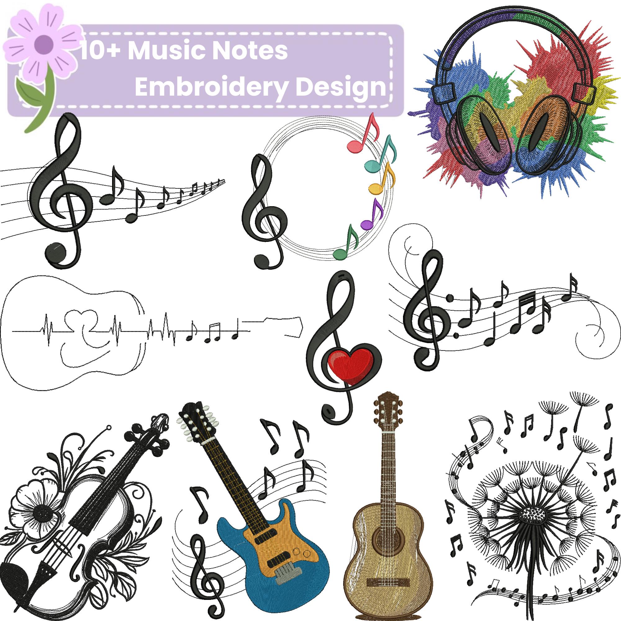 10+ Music Notes Embroidery Designs With Guitars, Headphones & Violin ...