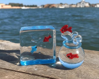 Blown Glass Fish Miniature - Handcrafted Lampwork Water Block - Unique Housewarming Present - Cute Red Goldfish Bowl Statue