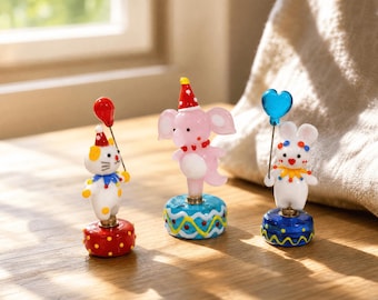 Glazen circusbeeldje set - handgeblazen lampwerk kristal ambacht - leuk verjaardagscadeau voor haar - kleine olifant kat konijntje ballon decor