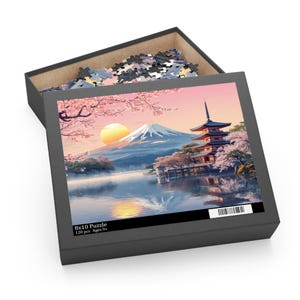 Mount Fuji Sunset Jigsaw Puzzle 120 252 500 Piece Pagoda and Cherry Blossoms Scenic Japan Art Zen Landscape Gift for Adults and Kids