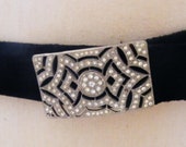 Art Deco Bezel geometric clear rhinestone buckle band velvet belt