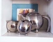 Art Deco Retro teapot creamer sugar 3 piece coffee/ teapot Silver Metal footed Teapot Creamer & Sugar Bowl lid (no spoon)