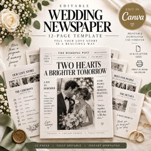 Può includere: Un modello di giornale di nozze modificabile di 12 pagine con il titolo Two Hearts A Brighter Tomorrow, una fotografia centrale in bianco e nero di una coppia, varie sezioni di testo e opzioni di layout per formati A4 e US letter.