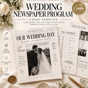 Può includere: Un modello di programma di matrimonio in stile giornale modificabile con una copertina in bianco e nero che riporta il testo Our Wedding Day, Two Hearts, One Beautiful Journey e la foto di una coppia. Include sezioni per la cerimonia.