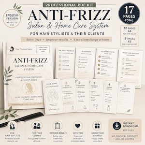 Può includere: Un kit PDF professionale intitolato Anti-Frizz Salon & Home Care System, composto da 17 pagine totali in formato A4 e A5. Il set include una guida per parrucchieri e clienti, con schede informative per routine di cura dei capelli e protocolli.