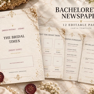 Op de afbeelding: Een bachelorette krant Canva sjabloonset met 12 bewerkbare pagina's van crèmekleurig papier, gouden decoratieve krullen en donkere tekst. De voorpagina toont The Bridal Times, fotoplaatsaanduidingen en een donkerrood waszegel.