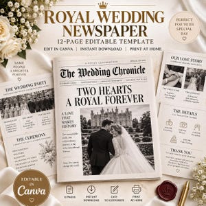 Può includere: Un modello di giornale di nozze modificabile di 12 pagine intitolato The Wedding Chronicle. La prima pagina presenta una fotografia in bianco e nero di una coppia, il titolo Two Hearts A Royal Forever e sezioni per i dettagli della cerimonia.
