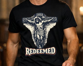 Redeemed Christian PNG – Distressed Retro Crucifix Shirt Graphic (Digital Download)