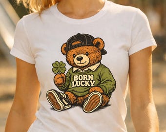 Born Lucky Teddy Bear St. Patrick's Day Graphic Tee (Digital Download)